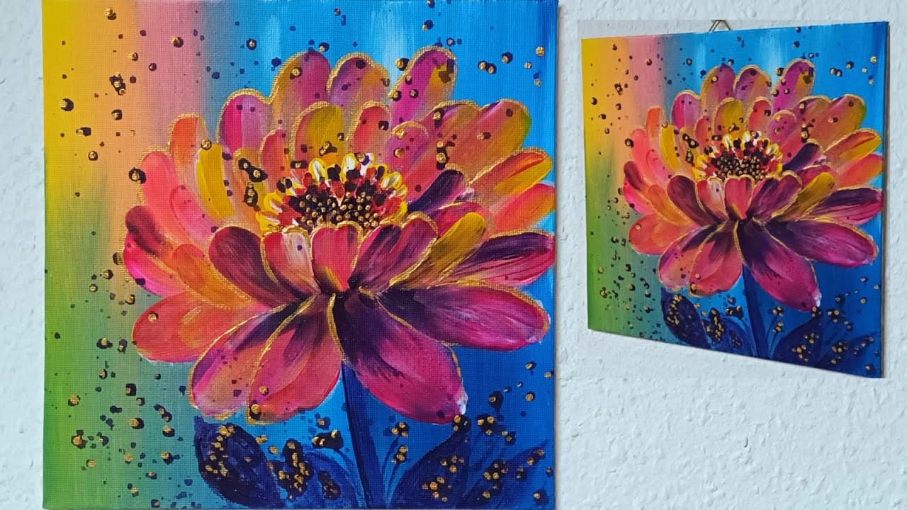 Bunte Blume Malen mit Acrylfarben mit Goldrand leicht für Anfänger Schritt für Schritt Anleitung