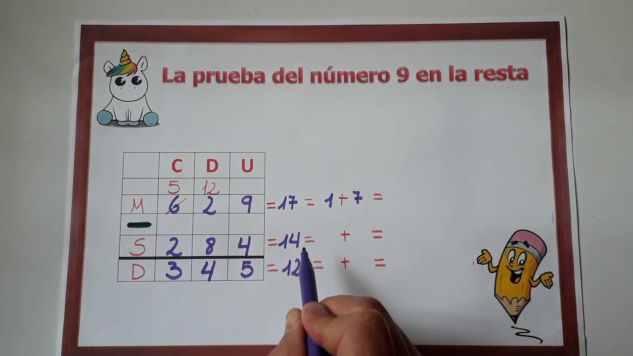 Prueba del número 9 en la resta.