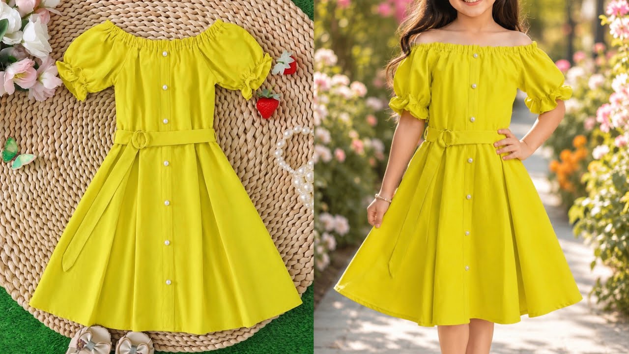 Umbrella Cut/Cold Shoulder With Puff sleeve Belted Baby Frock Cutting and Stitching