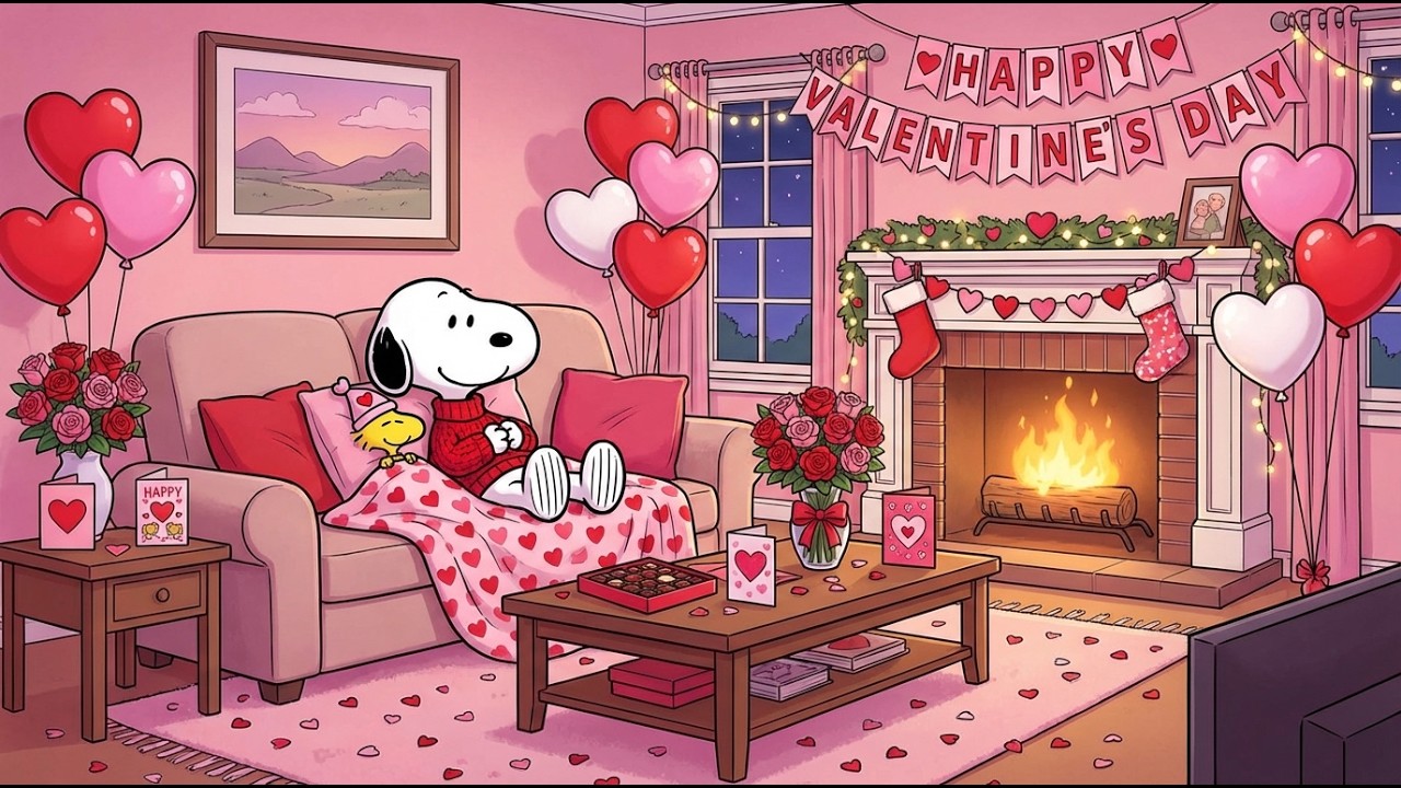 Sweet Valentine Evening with Snoopy 💖 Warm Jazz, Crackling Fireplace & Cozy Romance Ambience 🌹