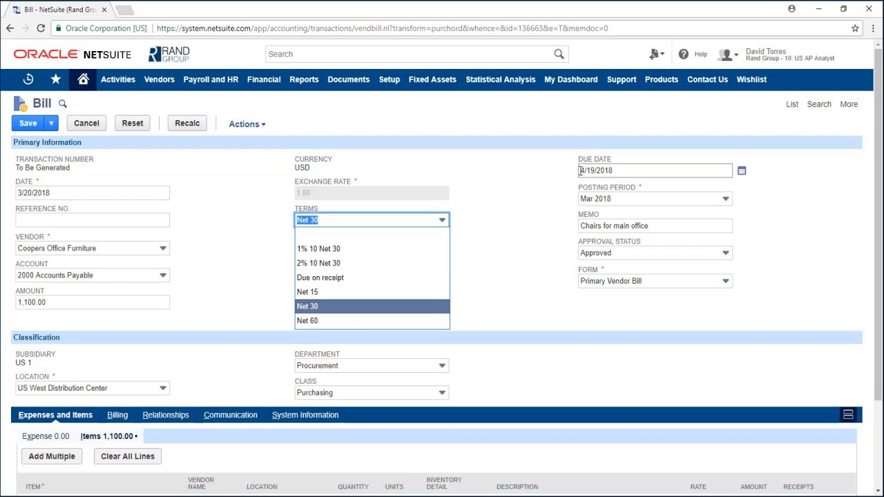 NetSuite - Procure to Pay – Part 2 - Bill and Payment