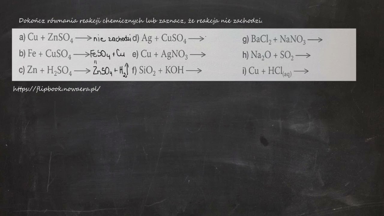 Dokończ równania reakcji chemicznych lub zaznacz, że reakcja nie zachodzi. a) Cu+ZnSO4→ b) Fe+CuSO4