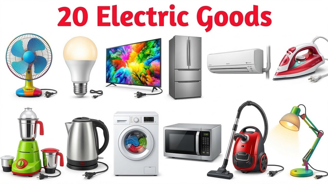 20 इलेक्ट्रिक सामान के नाम | Learn 20 Electric Goods Names in English and Hindi | Kids Learning