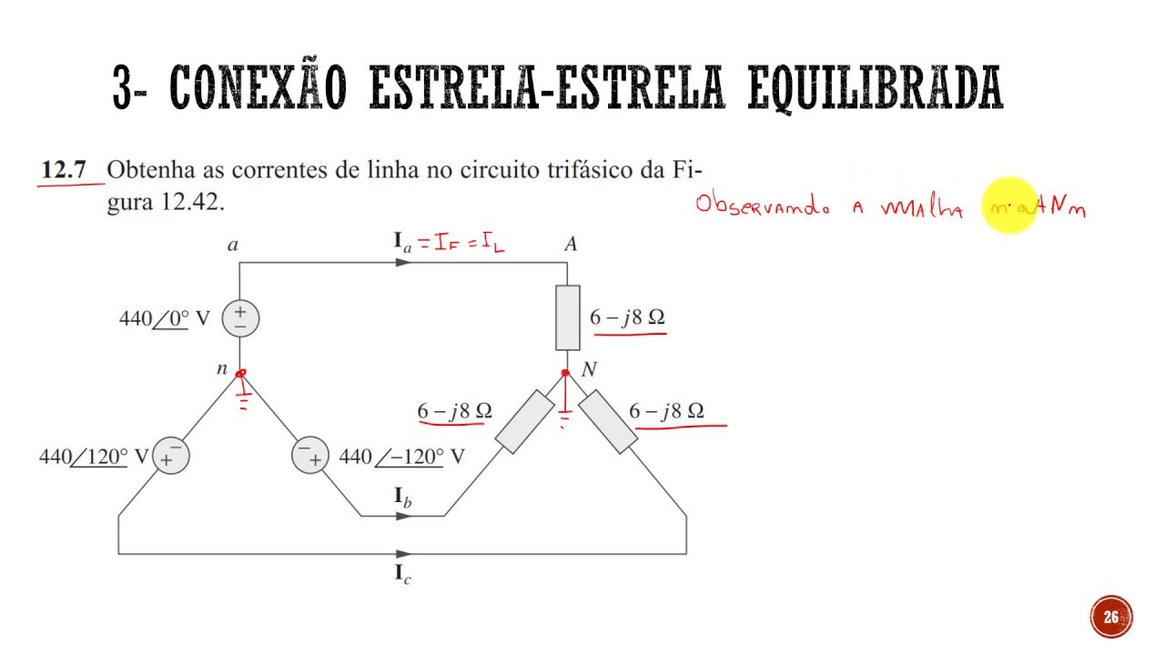 Exercício sobre circuitos trifásicos equilibrados - Conexão estrela - estrela