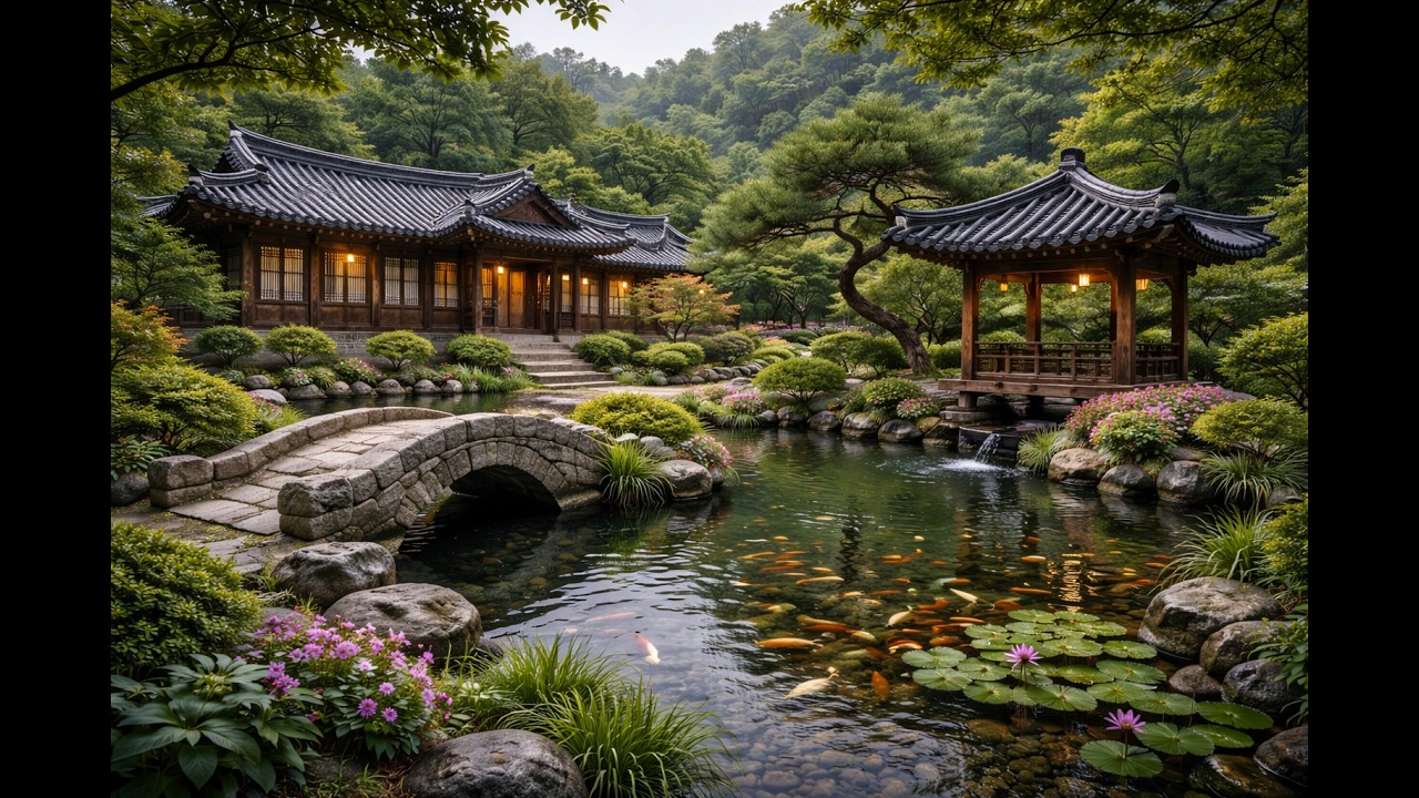 Fall Asleep Fast | Korean Hanok Garden with Koi Pond | 8 Hours