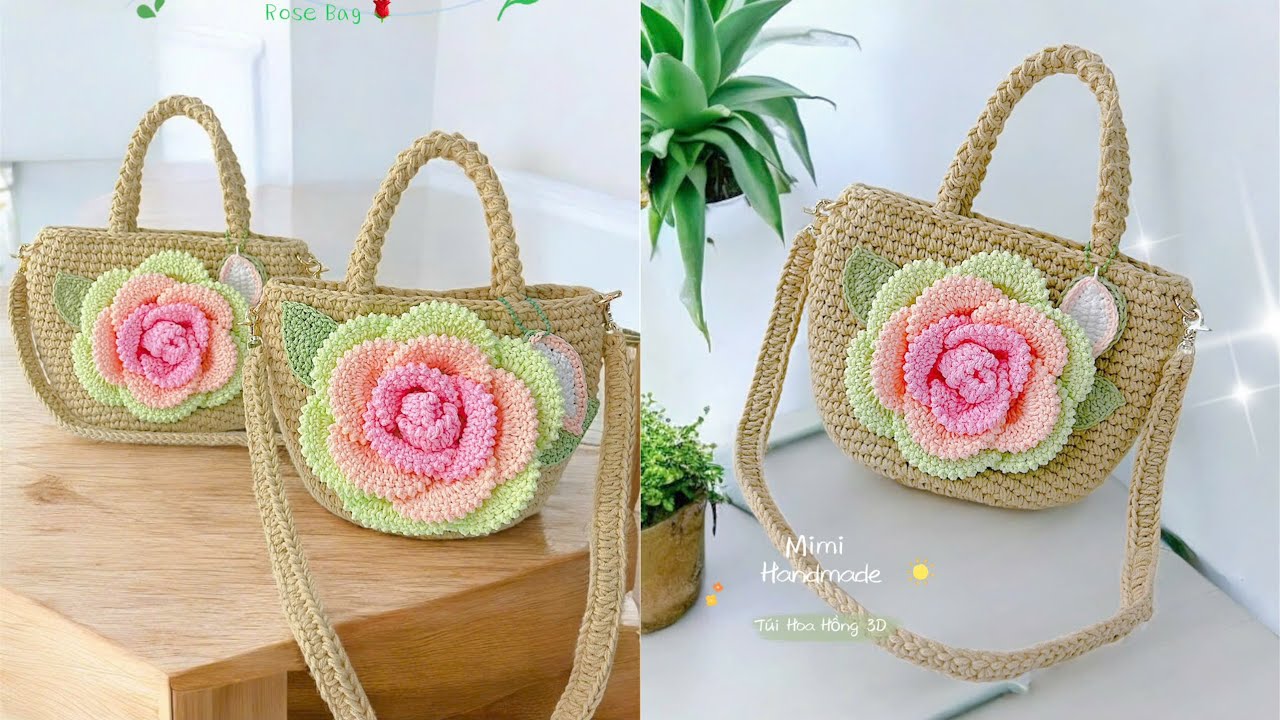 Móc Túi Hoa Hồng Đáy Tròn Vintage 🌹 Crochet Rose 3D Bag | Mimi Handmade