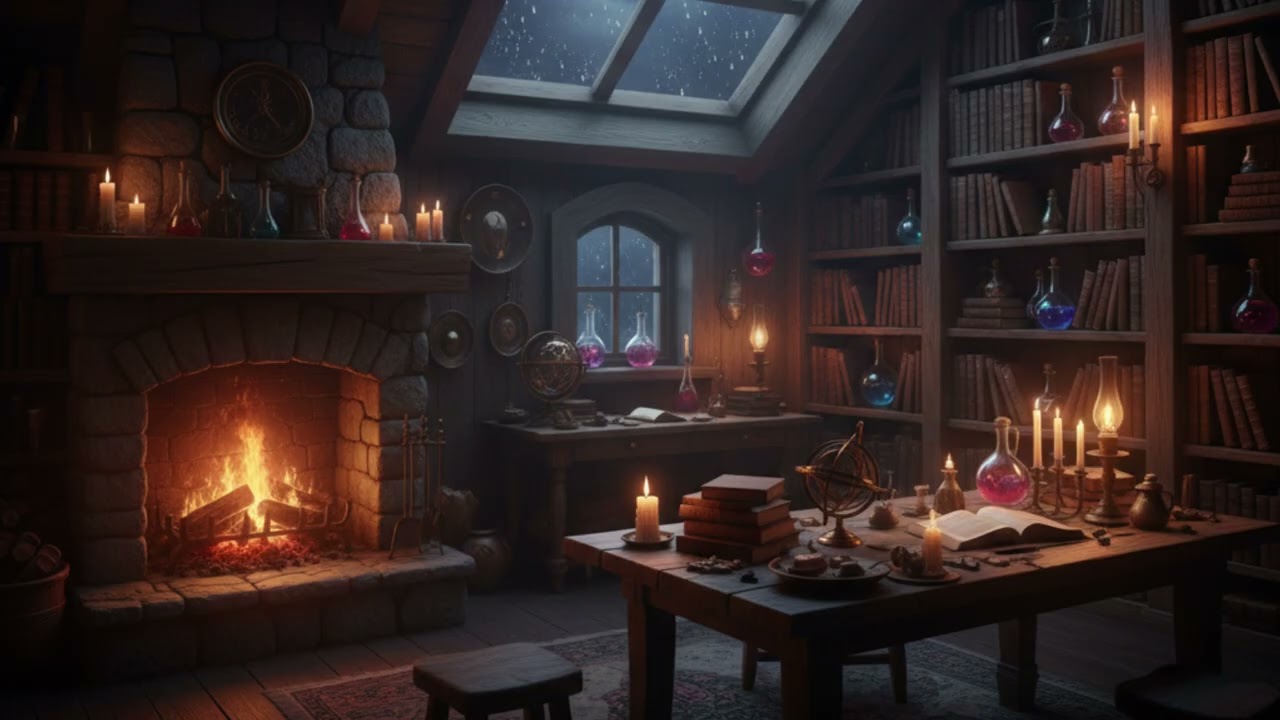 Alchemist's Ambience Heavy Rain & Thunder on Roof 4K| Crackling Fireplace|10 Hours for Sleep & Study