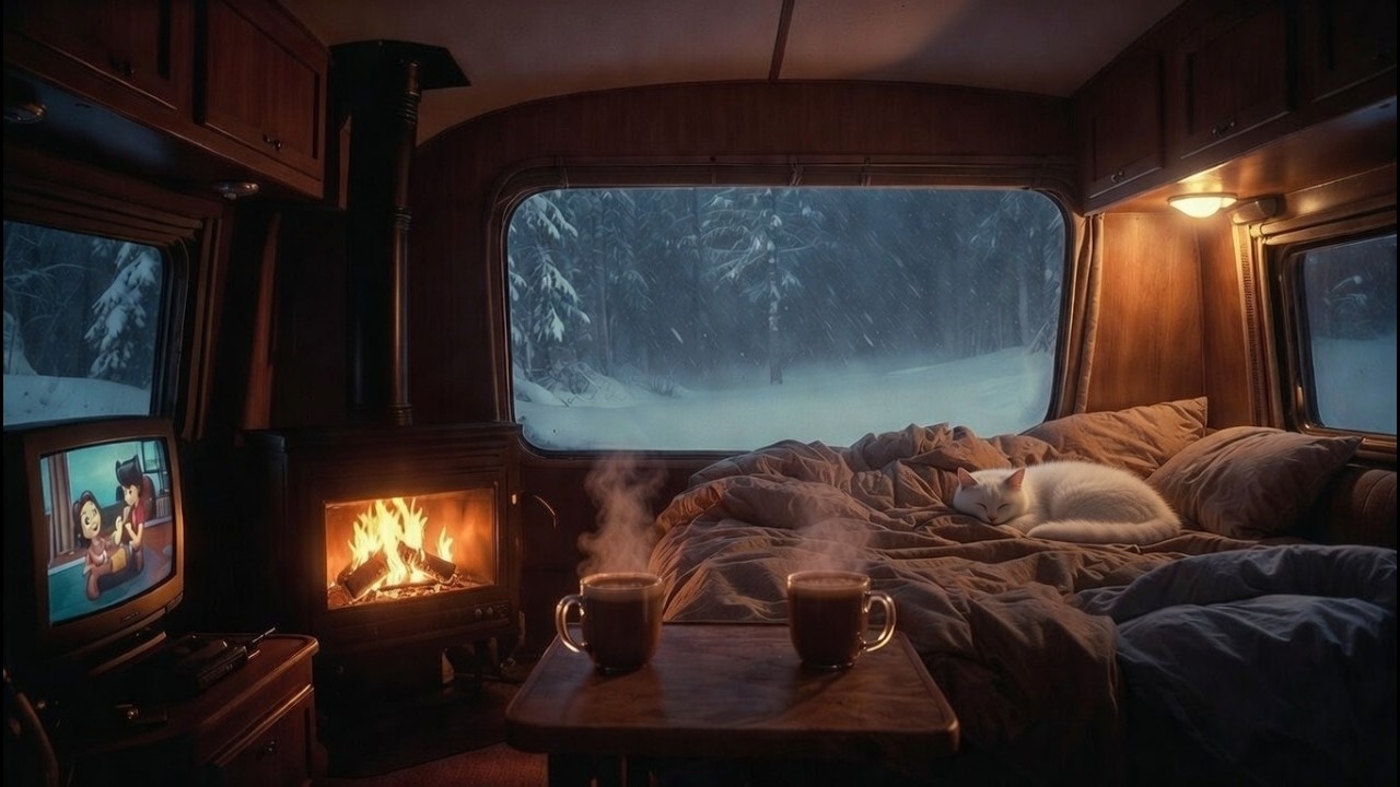 Snowstorm Night in a Cozy Camper Van ❄️ Fireplace & Winter Sounds for Deep Sleep
