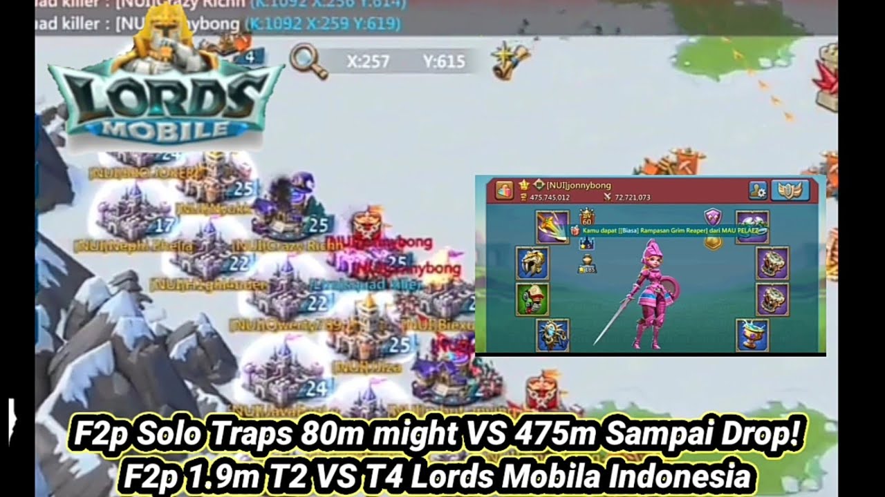 F2p Solo Traps 1.9m T2 Vs t4 Might 475m Lords Mobie Indonesia 2022