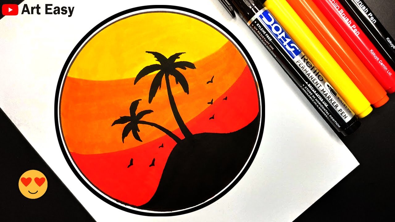 Circle Drawing || Simple And Easy Sunset Drawing For Beginners || Sketch Pen Drawing