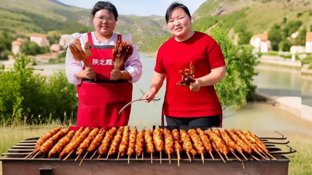 【陕北霞姐】鲜牛肉切块穿串，霞姐做陕北风味烧烤，外焦里嫩香辣入味，给做客的朋友吃美了！