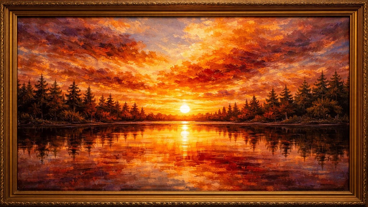 4K Breathtaking Golden Sunset over Calm Lake | Relaxing Oil Painting Ambience