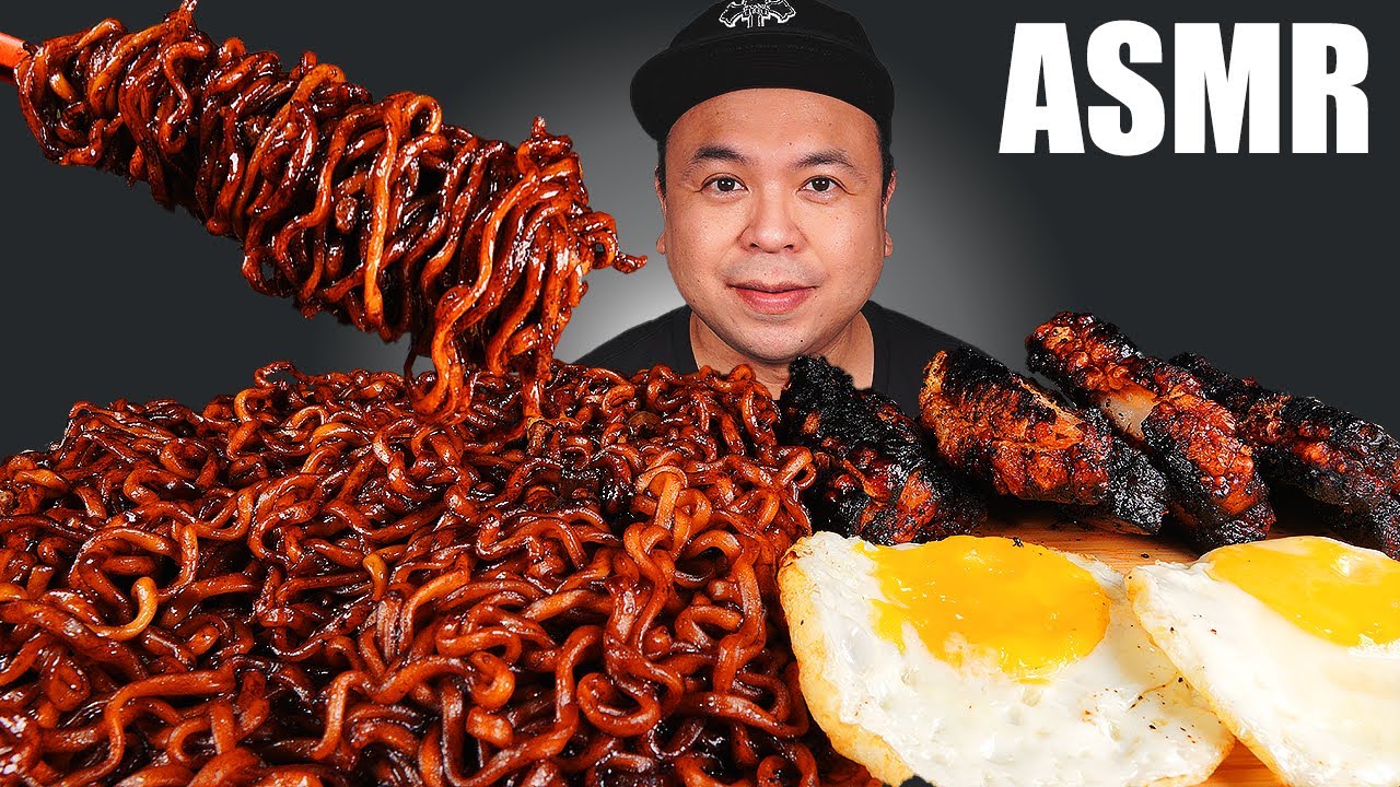 ASMR BLACK BEAN NOODLES & CRISPY PORK BELLY & FRIED EGG MUKBANG (EATING SOUNDS) | ASMR JonOnTable