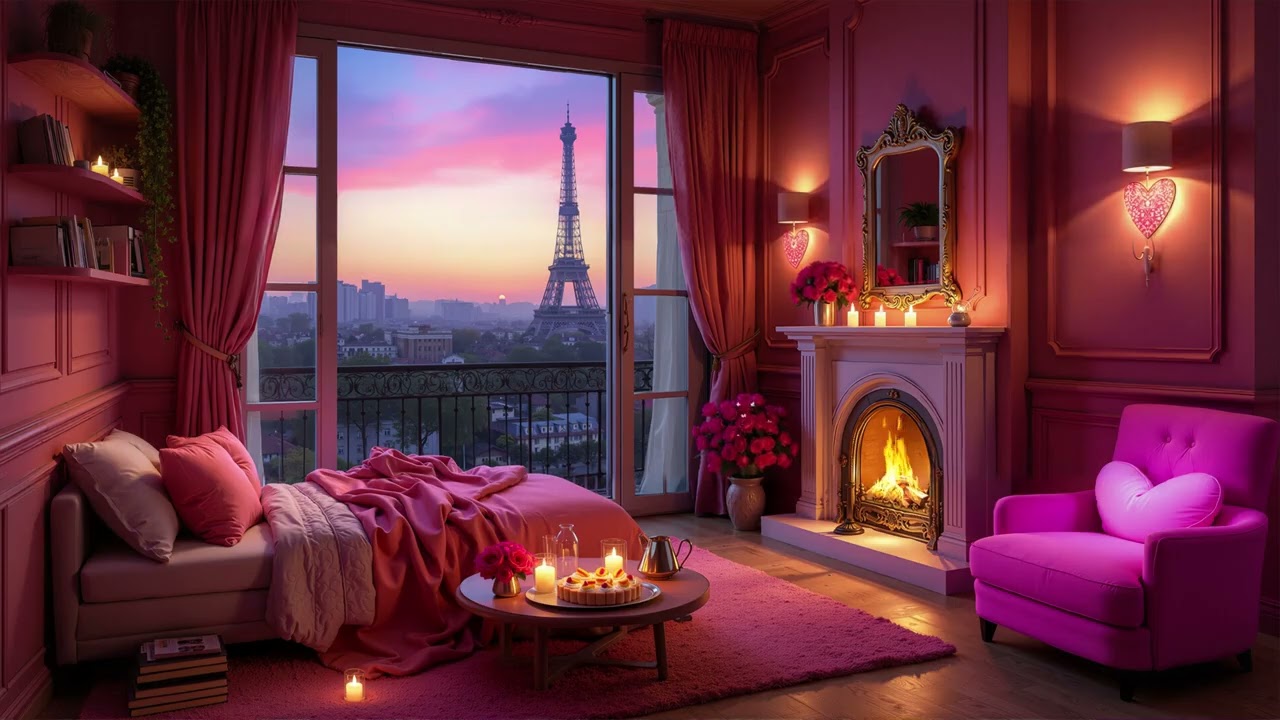 Paris Valentine Cozy Room 🌹 Pink Night Ambience with Soft Piano to Relax, Heal & Sleep Deeply 🎹🌙