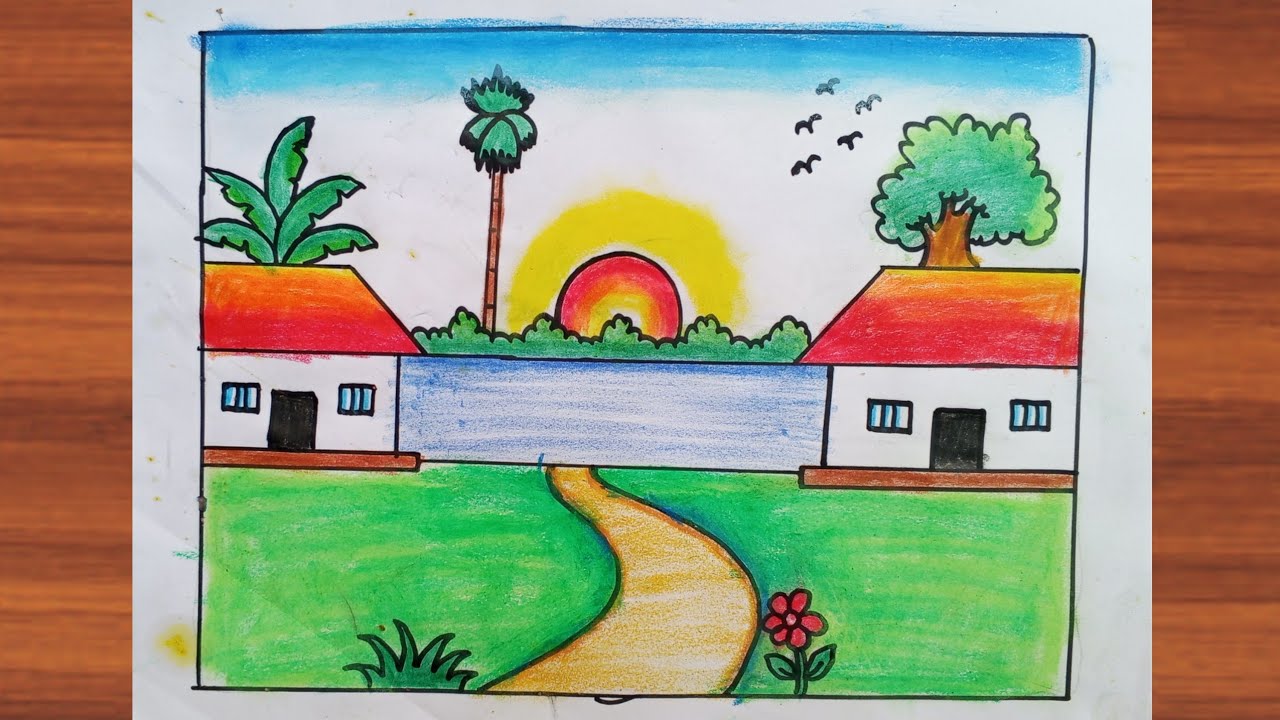 Simple scenery drawing 😊 How to draw scenery of village / easy drawing art #drawing@EasyDrawing24 