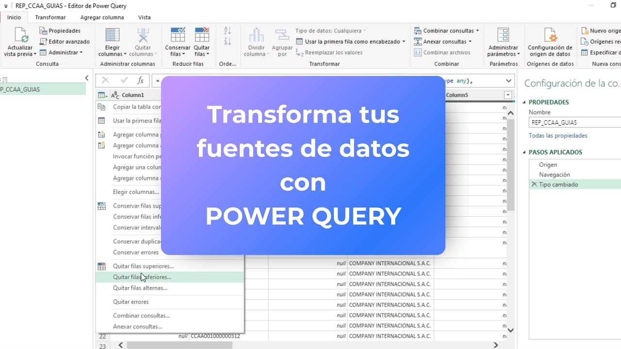 Transforma tus fuentes de datos con Power Query