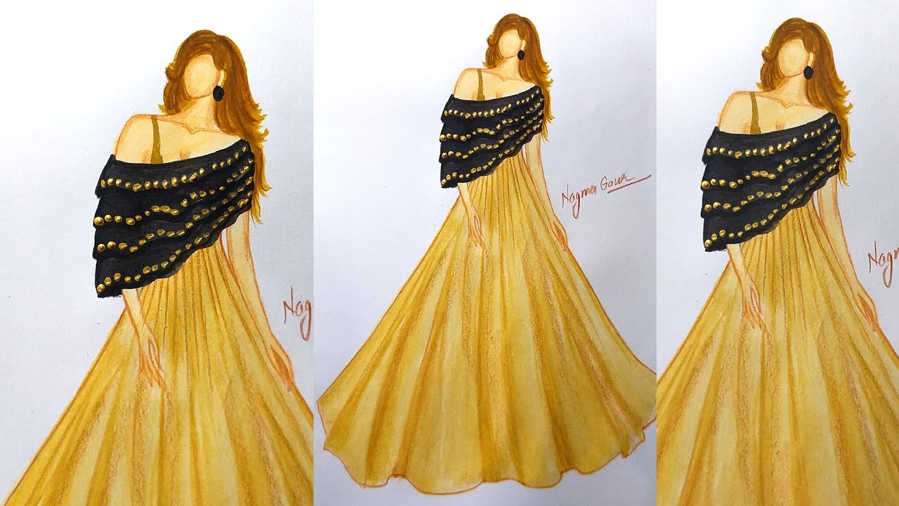 How to draw a girl with beautiful dress design||Fashion illustration