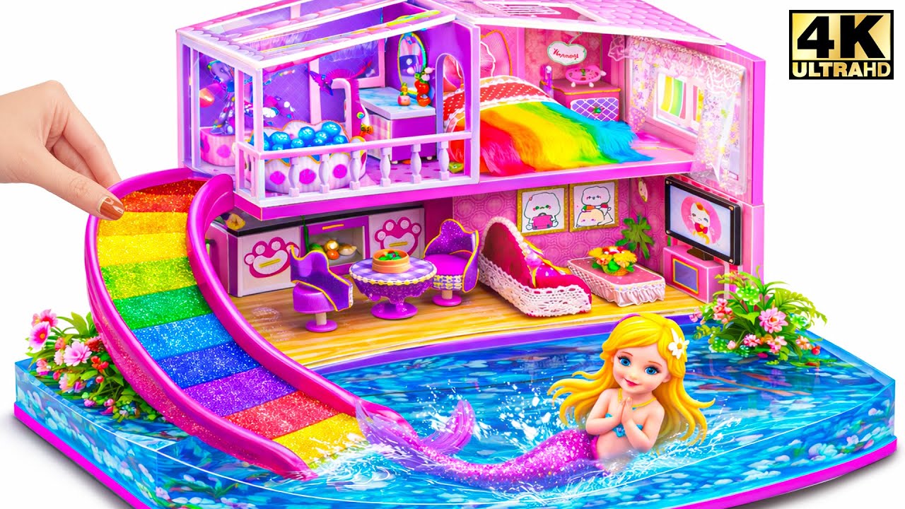 WOW! Make Rainbow Mermaid Dollhouse with Water Slide to Swimming Pool 💖 | DIY Miniature House