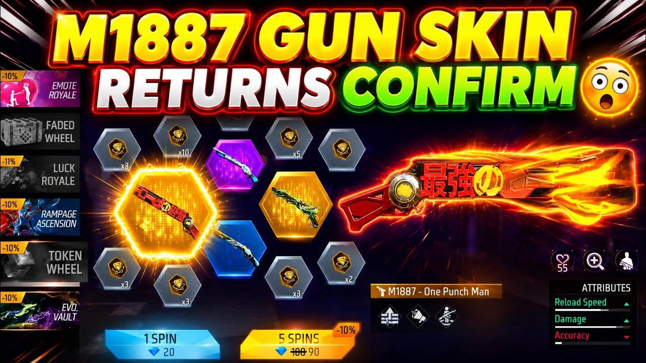 M1887 Gun Skin Returns Confirm in free fire 🔥😲 | M1887 One punch skin return | Ff old m1887 Returns 