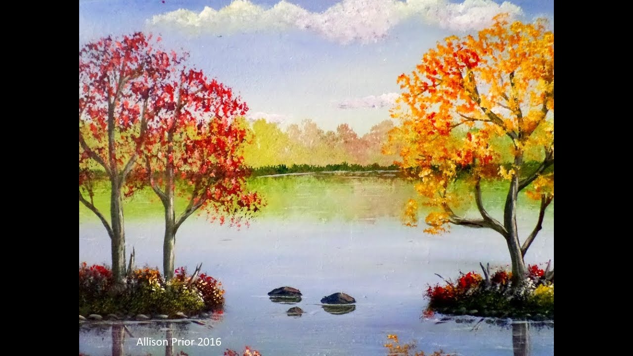 How to paint  AUTUMN trees on a pond with Acrylic Painting FULL lesson   , step by step