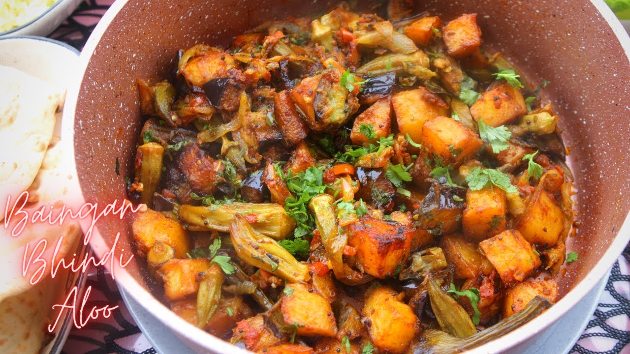 Eggplant Okra and Potatoes // Baingan Bhindi Aloo - My Family's Favourite Vegetarian Dish!