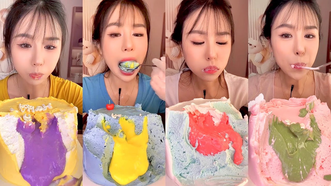 Colorful Cream Cake ASMR Mukbang | Purple, Yellow & Pink Cake Eating Sounds