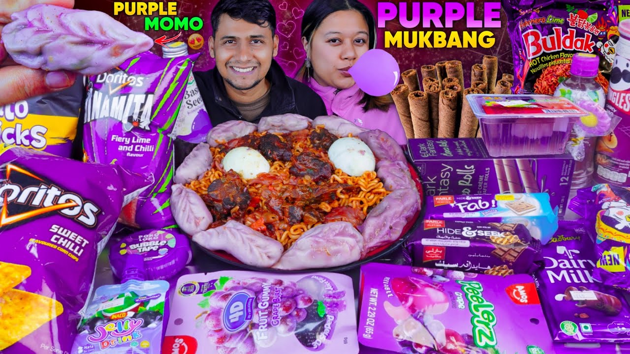 PURPLE FOOD MUKBANG WITH MY HUSBAND 💜🔥 | Purple Momo, Noodles, Chocolates, Gummies & Pudding