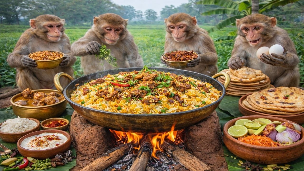 बंदरों ने बनाया हैदराबादी बिरयानी 🔥🍛🐒 Monkeys Made Hyderabadi Biryani