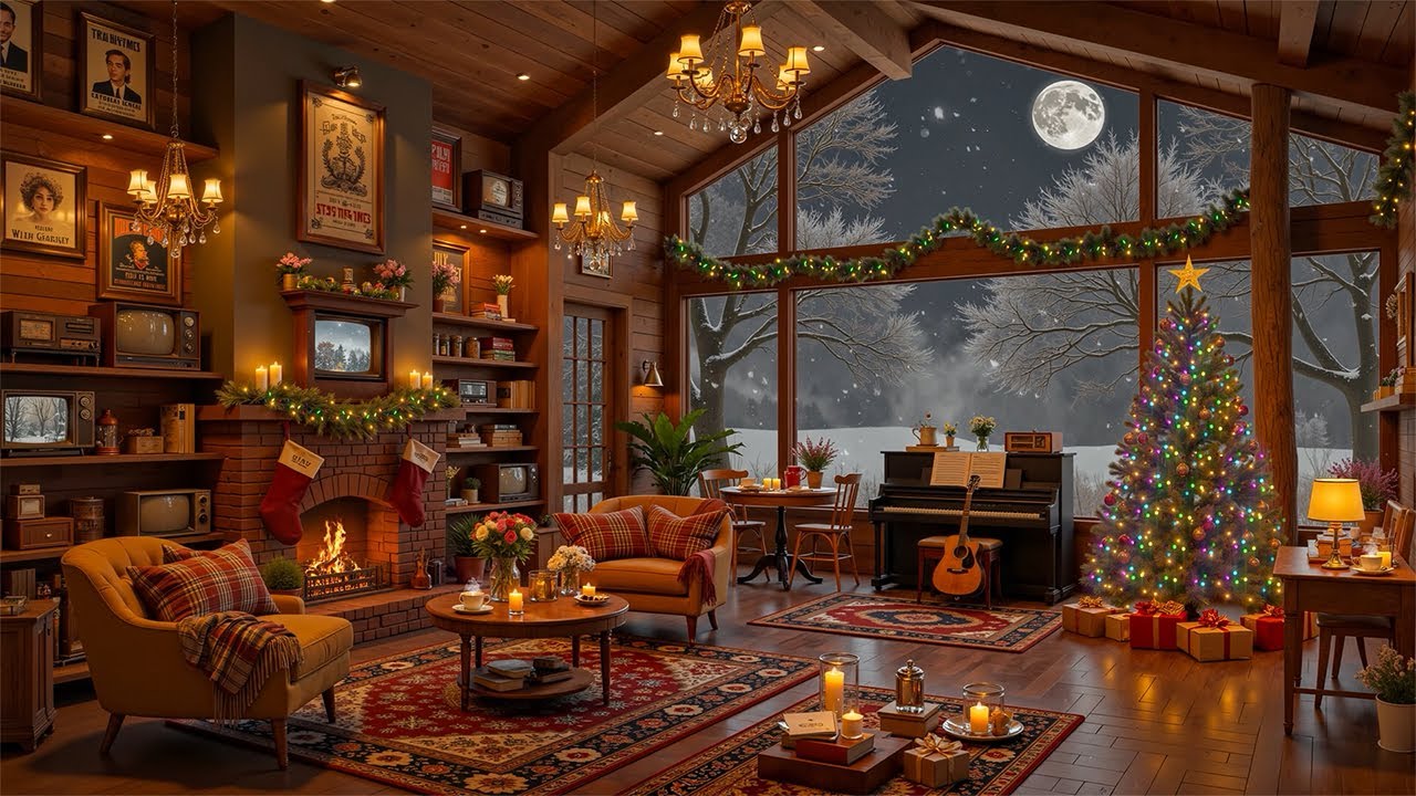 Warm Crackling Fireplace & Christmas Ambience at Cozy Coffee Shop 🎄 Smooth Christmas Jazz Music