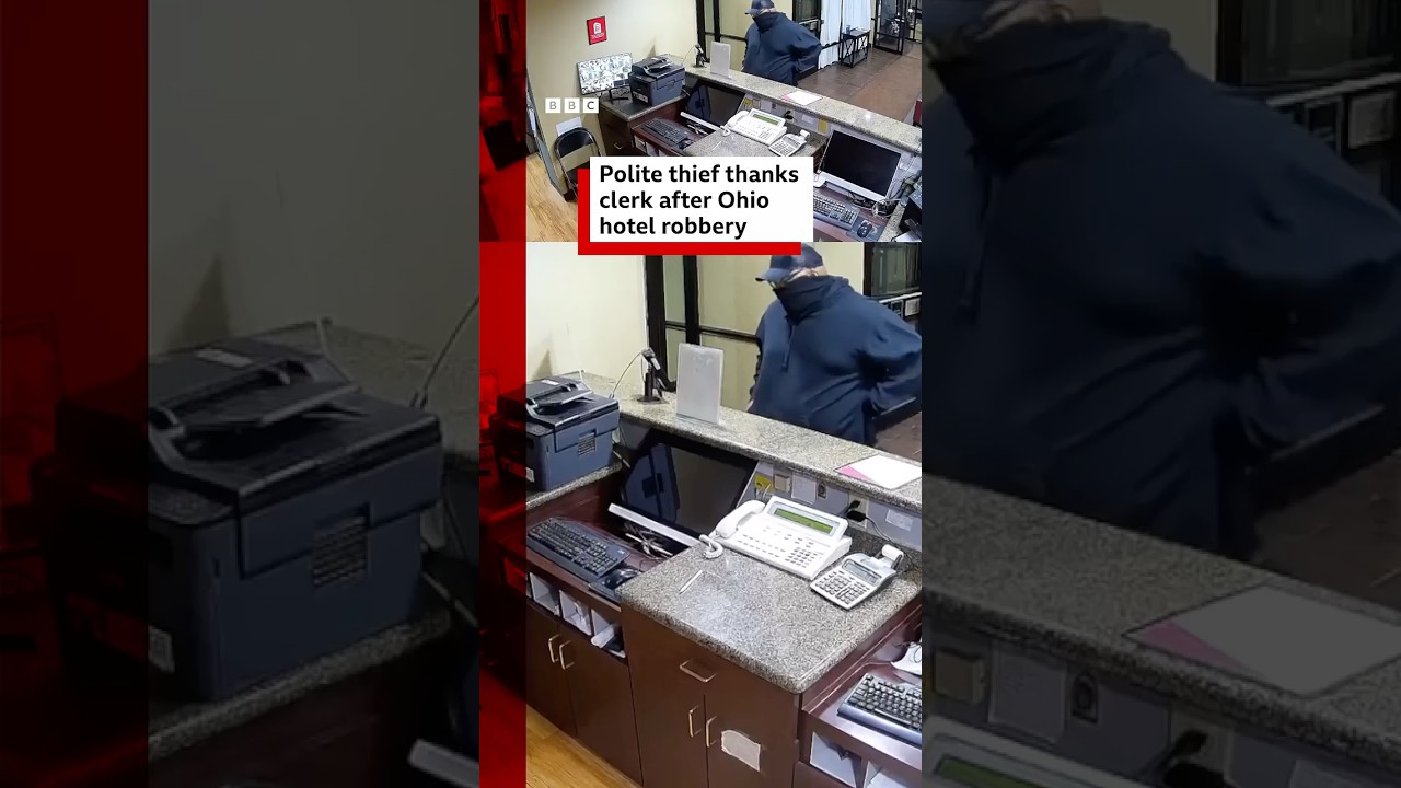 Polite thief thanks clerk after Ohio hotel robbery. #Ohio #CCTV #Robbery #Thief #BBCNews