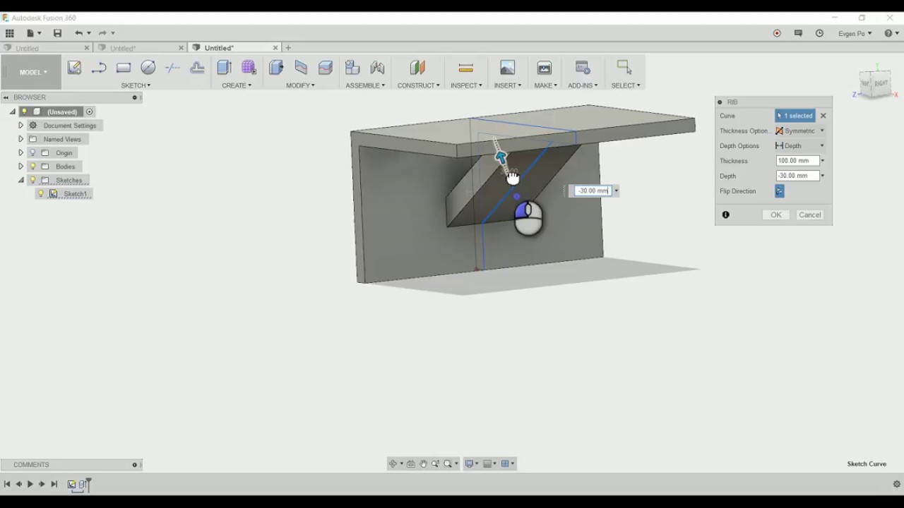 Fusion 360 - Rib - Операция создания подпорки