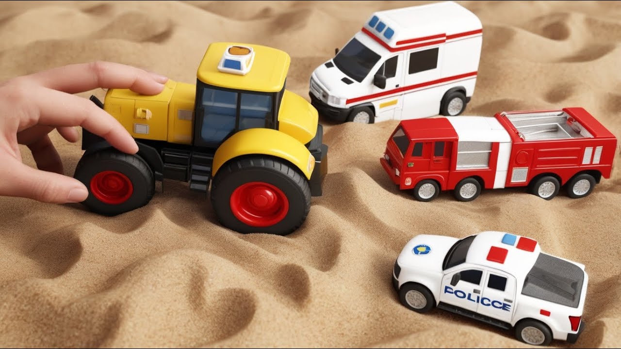 Rescue Mini Tractor from Hand! Construction Vehicle Teamwork Builds Modern Road for Train in Sand