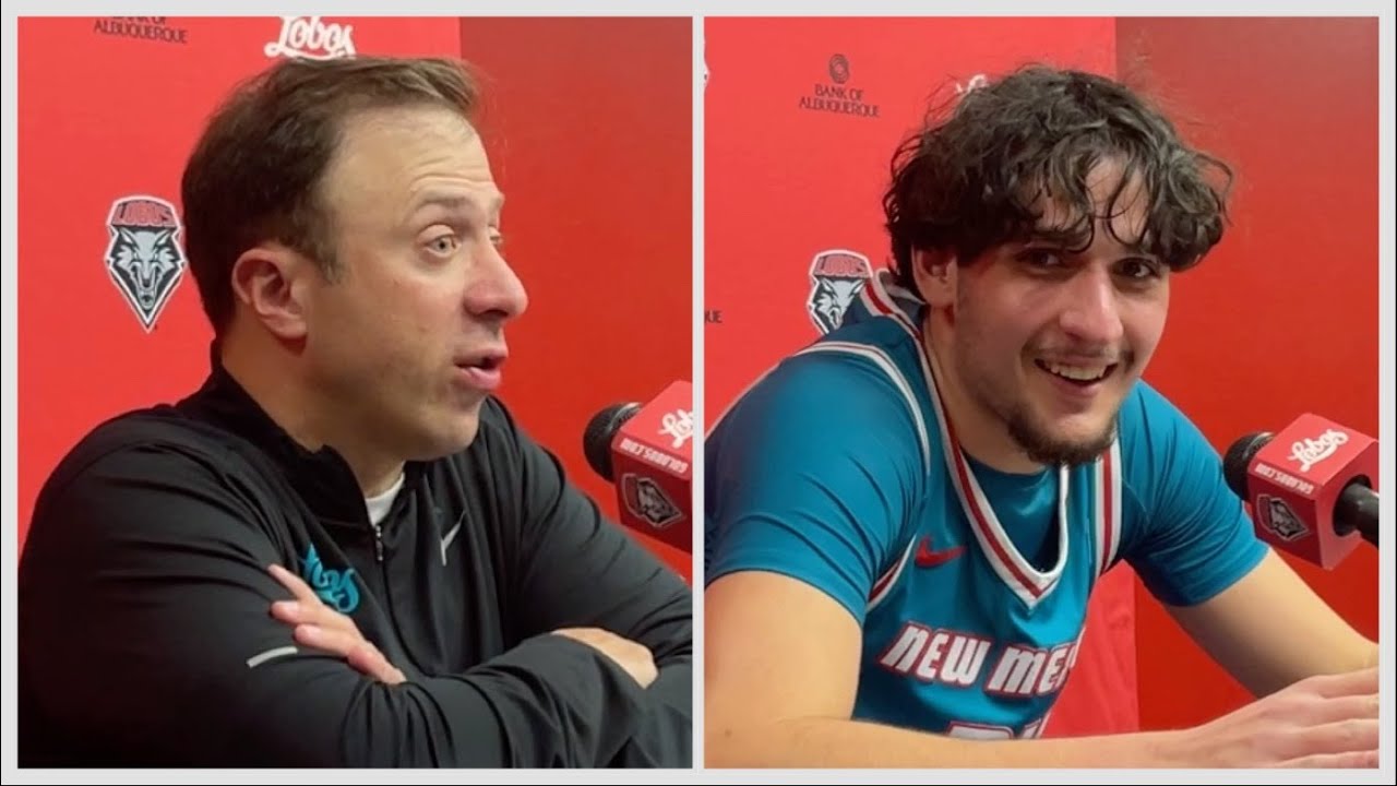 UNM coach Richard Pitino and freshman Jovan Milicevic after the Lobos blowout Boise State (01/17/25)