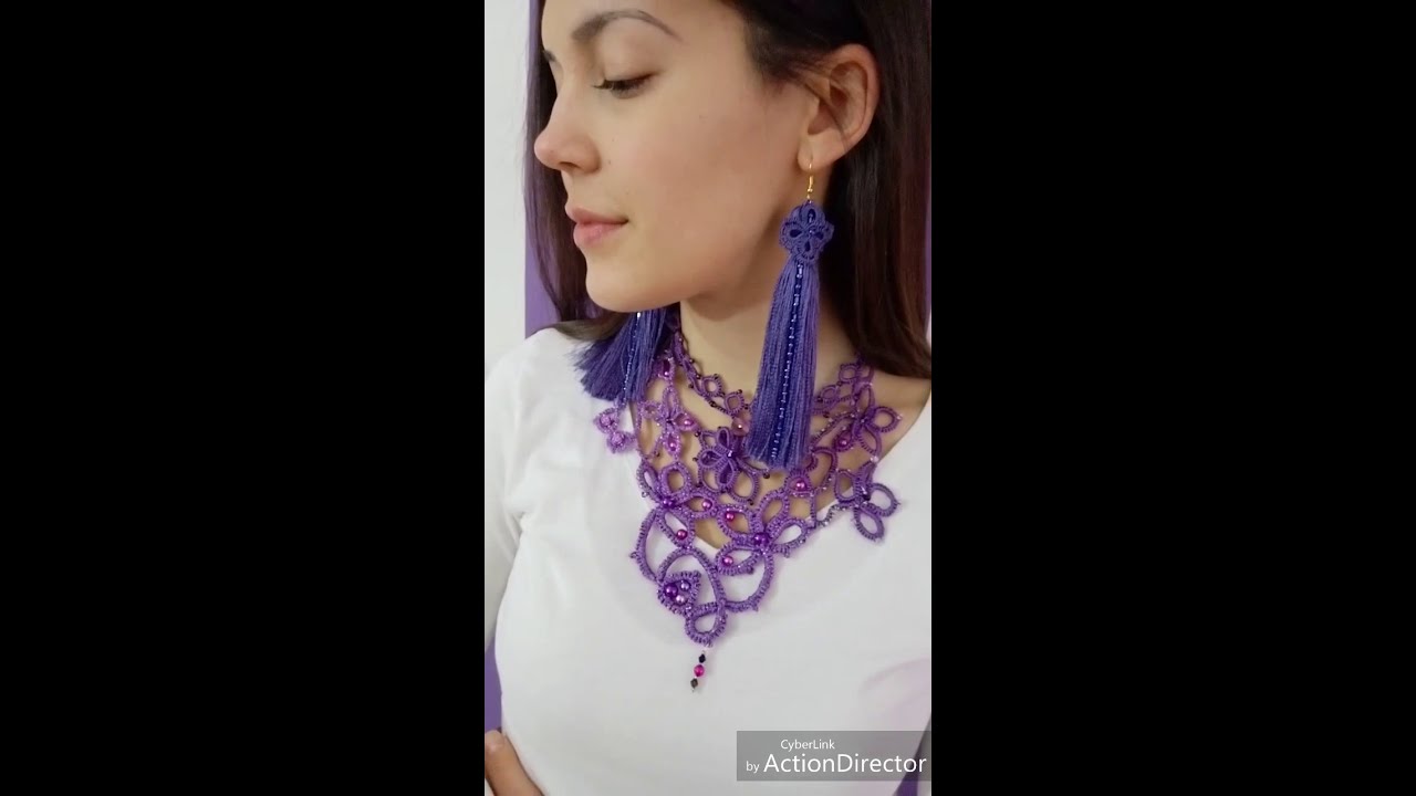 Purple Magic Set Jewelry/ Tassel Earrings/ Necklace/ Tatting lace/ Frivolite/ Orechini