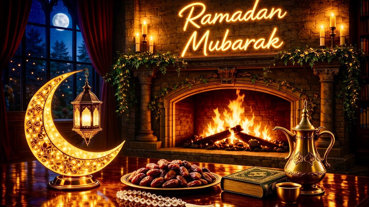 Ramadan Kareem 🌙 Cozy Fireplace | خلفية شاشة رمضان مع مدفأة Islamic Ambience 4K Background TV Art