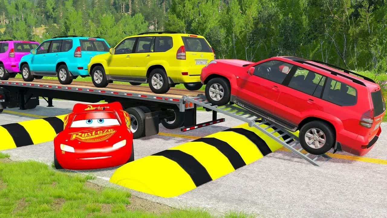 Flatbed Trailer McQueen Transportation with Truck - Speedbumps vs Cars vs Train - BeamNG.Drive #39