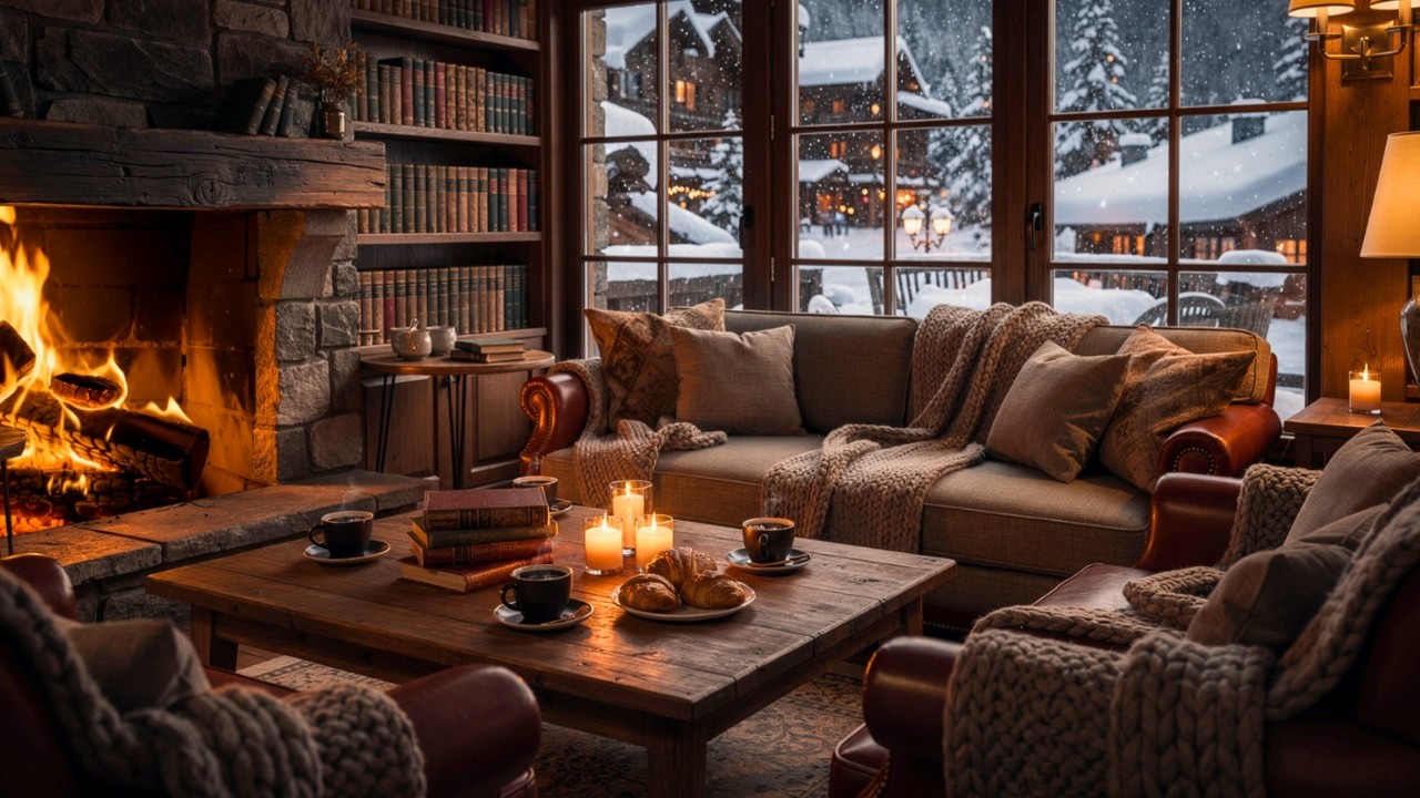 Relaxing Winter Café Jazz ☕ Crackling Fireplace Sounds for Study, Focus & Stress Relief