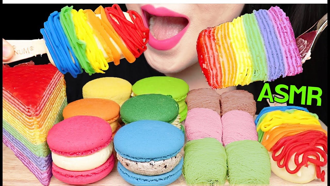 ASMR RAINBOW ICE CREAM, CREPE CAKE, COTTON CANDY, MACARON 무지개 아이스크림, 크레이프 케이크 먹방 EATING SOUNDS