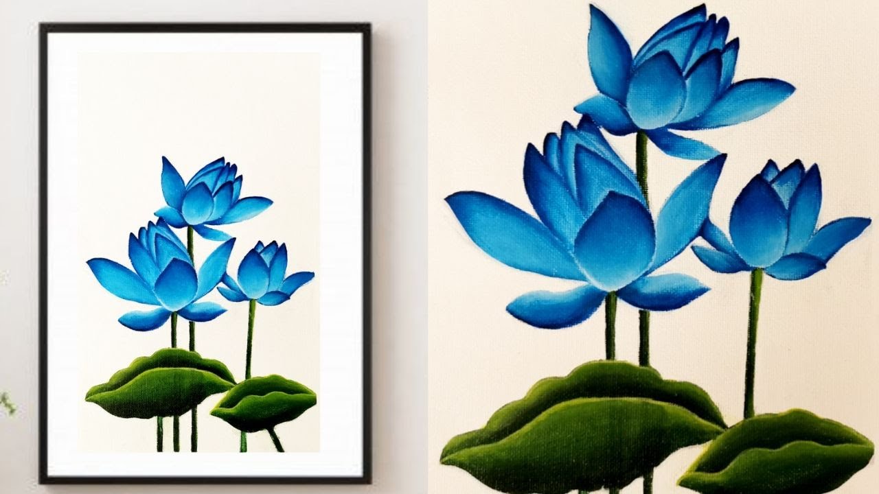 step by step acrylic painting on canvas for beginners | Blue LOTUS painting  | ART Demo | easy