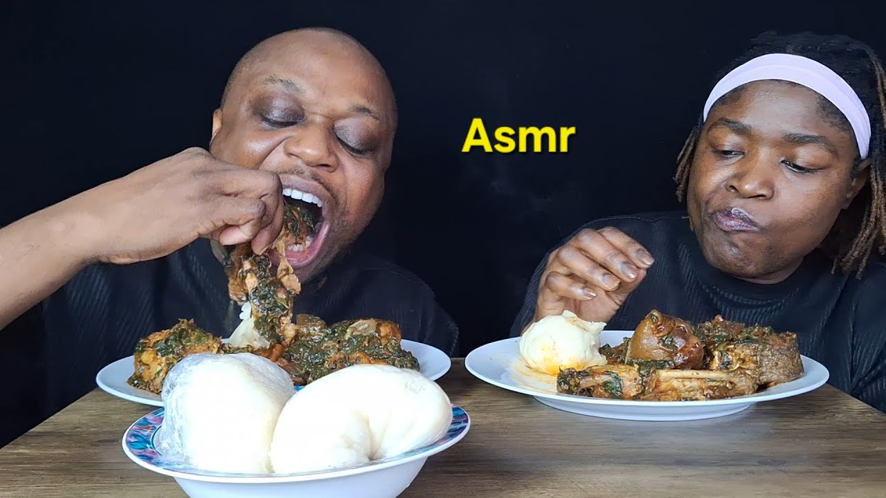 Asmr Mukbang, Pounded Yam with Eforiro Soup, Nigeria Dish with Eating Sound