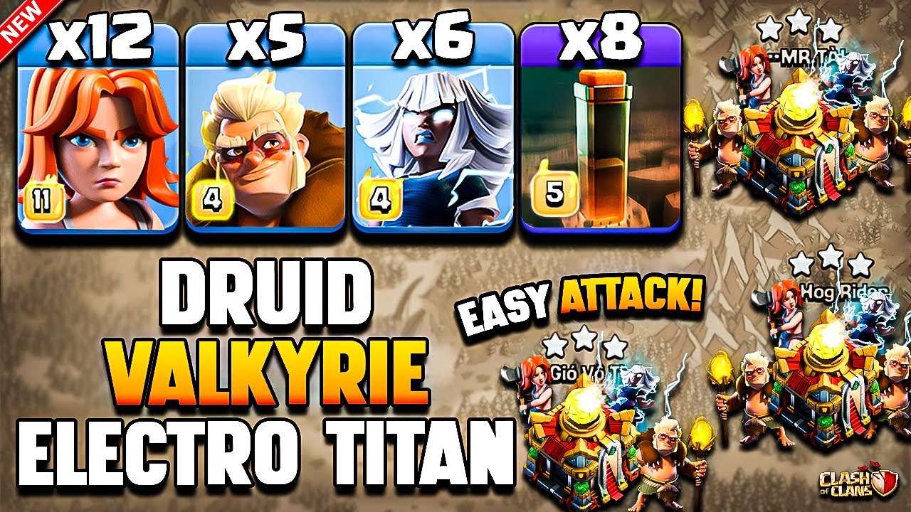 TH16 Attack Strategy With DRUID + ELECTRO TITAN + VALKYRIE | COC Electro Titan Valkyrie Druid Attack