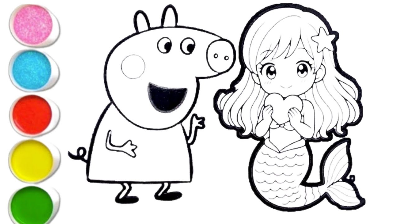 Peppa pig With Mermaid Drawing Painting & Colouring For kids & Toddlers ll Easy Kids Drawing 