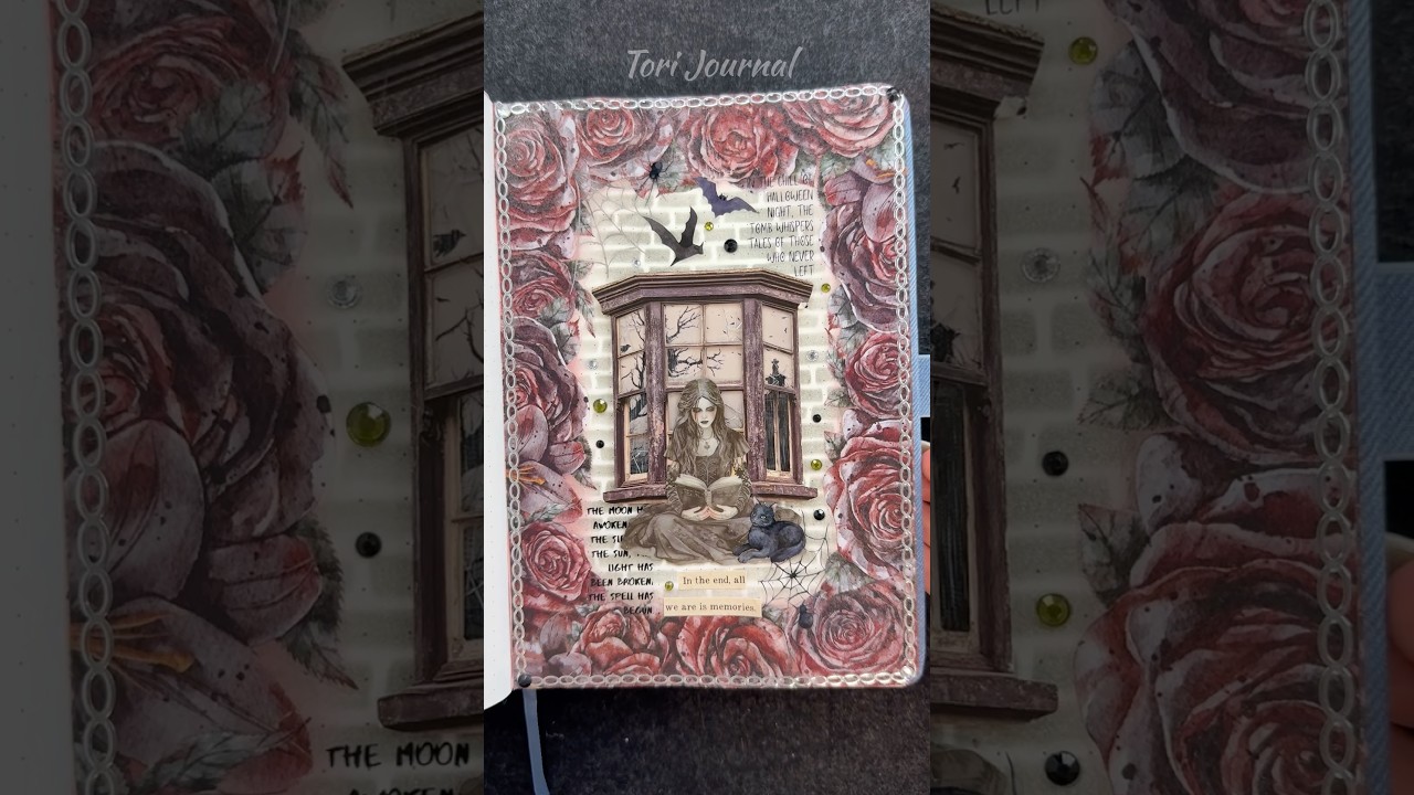 ASMR journal Haunted Window🪟🦇🥀🕯️🐈&zwj;⬛🕸️✨|#asmr #journal #scrapbooking #halloween #fyp #diy #art
