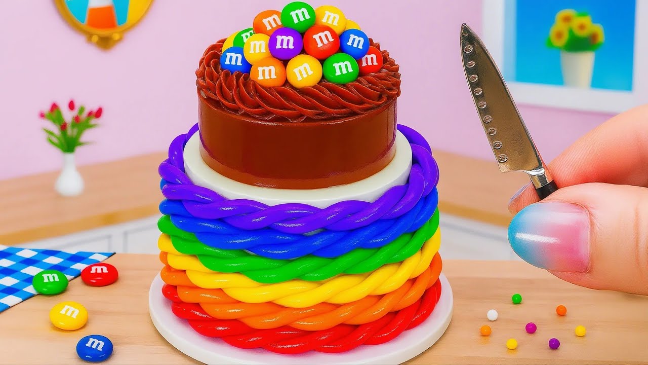 Mini Rainbow Cake Recipe❤️How to Make Rainbow Fondant M&M Cake 🍫🌈