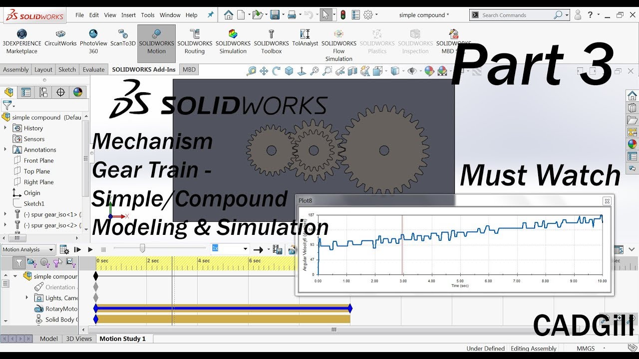 Mechanism Part 3 - Simple/Compound Gear Train Modeling/Simulation in SolidWorks Tutorial English