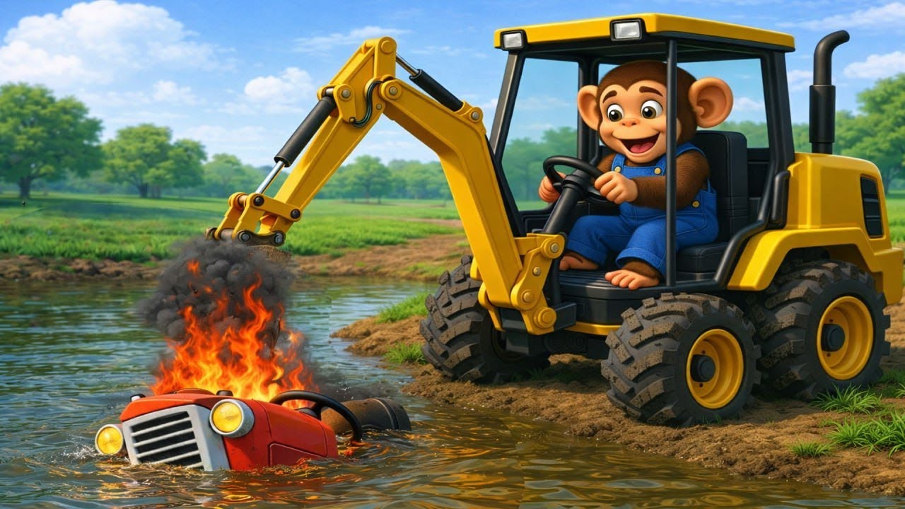 The Tractor Was on Fire, Monkey Farmer Used an Excavator to Lift the Tractor Out of the Fire.