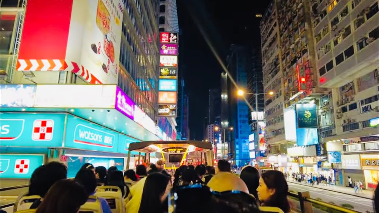 Rickshaw Sightseeing Bus Tour ~ Night on Weekend | Hong Kong Open Top Bus Tour 2024 -4K HDR