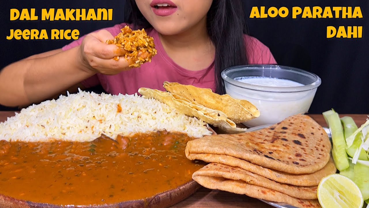 Eating Dal Makhani, Jeera Rice, Aloo Paratha, Sweet Dahi & Papad | Mukbang | ASMR |