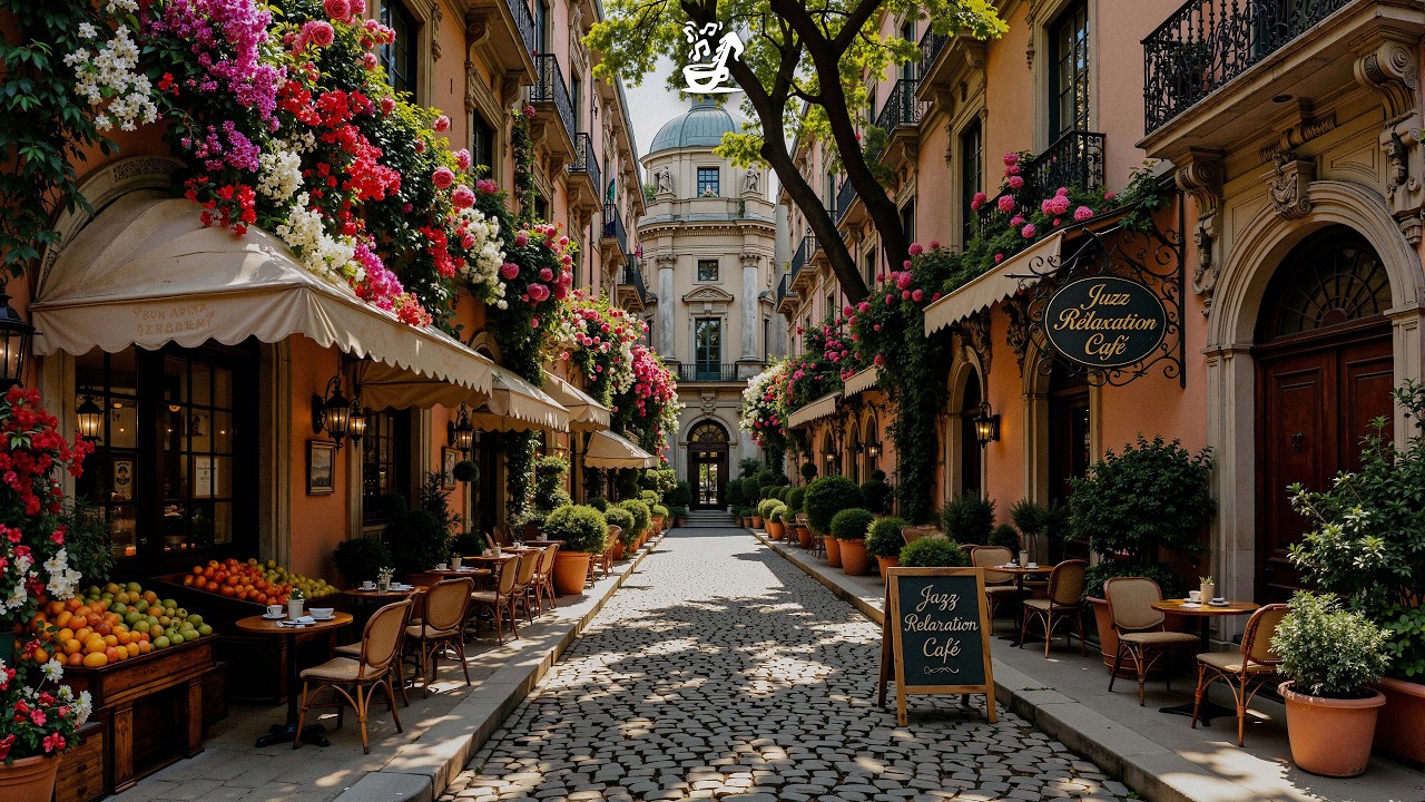 Fresh Spring Bossa Nova ☕ Soft Bossa Nova at Flower-Lined Street Café Corner for Positive Mood