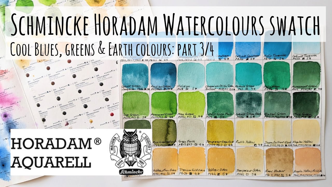 Part 3 Swatch of Schmincke Horadam Professional Watercolour Paints Dot Card: Blues, Greens & Earths